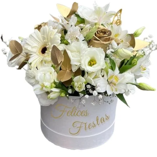 caja pote white felices fiestas con flores de estacion y rosas d